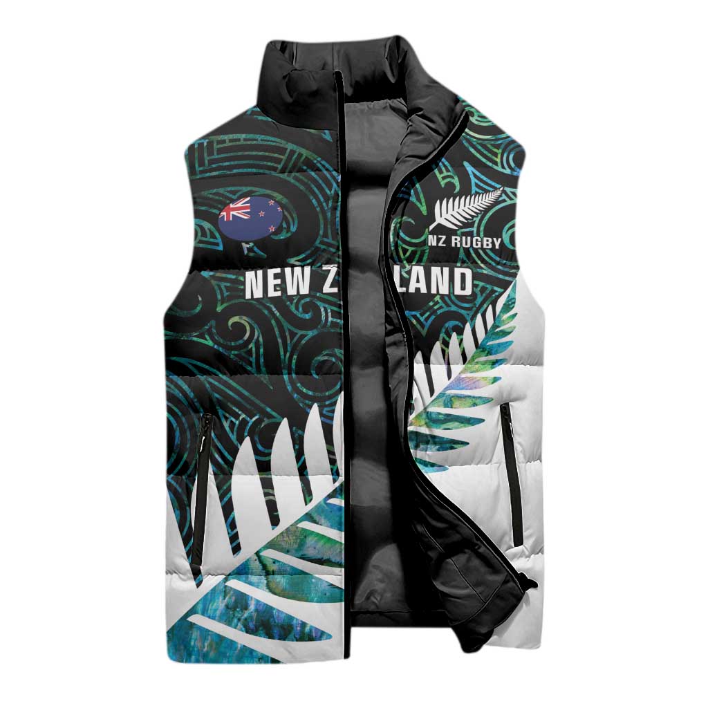 New Zealand Silver Fern Rugby Custom Sleeveless Puffer Jacket Go All Black Turquoise Maori Paua Shell - Polynesian Pride