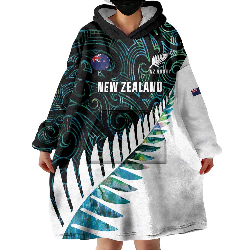 New Zealand Silver Fern Rugby Custom Wearable Blanket Hoodie Go All Black Turquoise Maori Paua Shell - Polynesian Pride