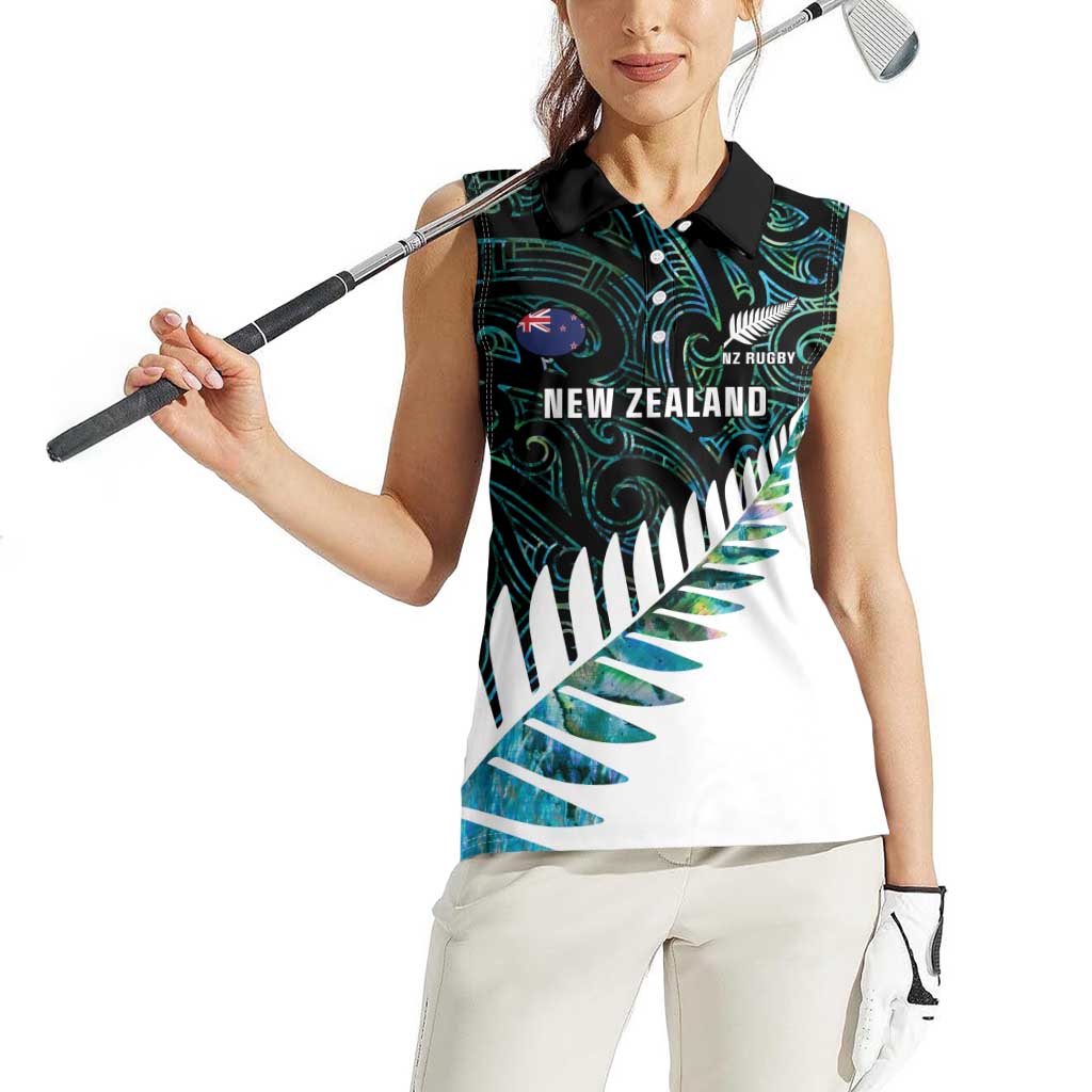 New Zealand Silver Fern Rugby Custom Women Sleeveless Polo Shirt Go All Black Turquoise Maori Paua Shell - Polynesian Pride