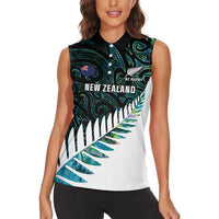 New Zealand Silver Fern Rugby Custom Women Sleeveless Polo Shirt Go All Black Turquoise Maori Paua Shell - Polynesian Pride
