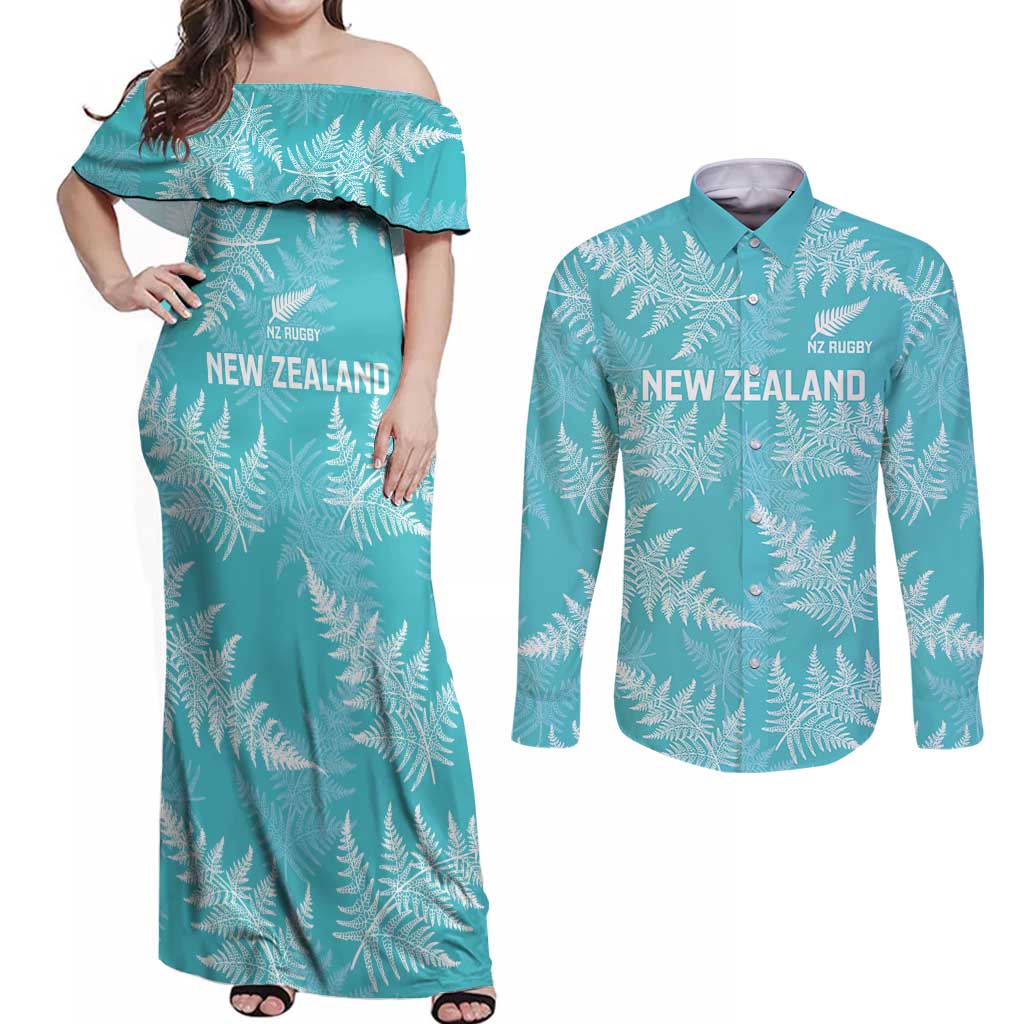 New Zealand Silver Fern Rugby Custom Couples Matching Off Shoulder Maxi Dress and Long Sleeve Button Shirt Go Aotearoa Champions Turquoise Version - Polynesian Pride