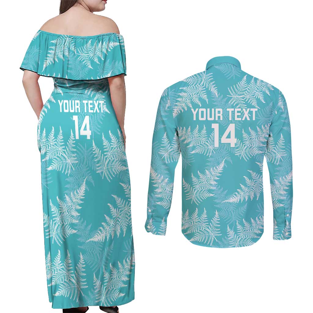 New Zealand Silver Fern Rugby Custom Couples Matching Off Shoulder Maxi Dress and Long Sleeve Button Shirt Go Aotearoa Champions Turquoise Version - Polynesian Pride