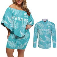 New Zealand Silver Fern Rugby Custom Couples Matching Off Shoulder Short Dress and Long Sleeve Button Shirt Go Aotearoa Champions Turquoise Version - Polynesian Pride