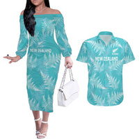 New Zealand Silver Fern Rugby Custom Couples Matching Off The Shoulder Long Sleeve Dress and Hawaiian Shirt Go Aotearoa Champions Turquoise Version - Polynesian Pride