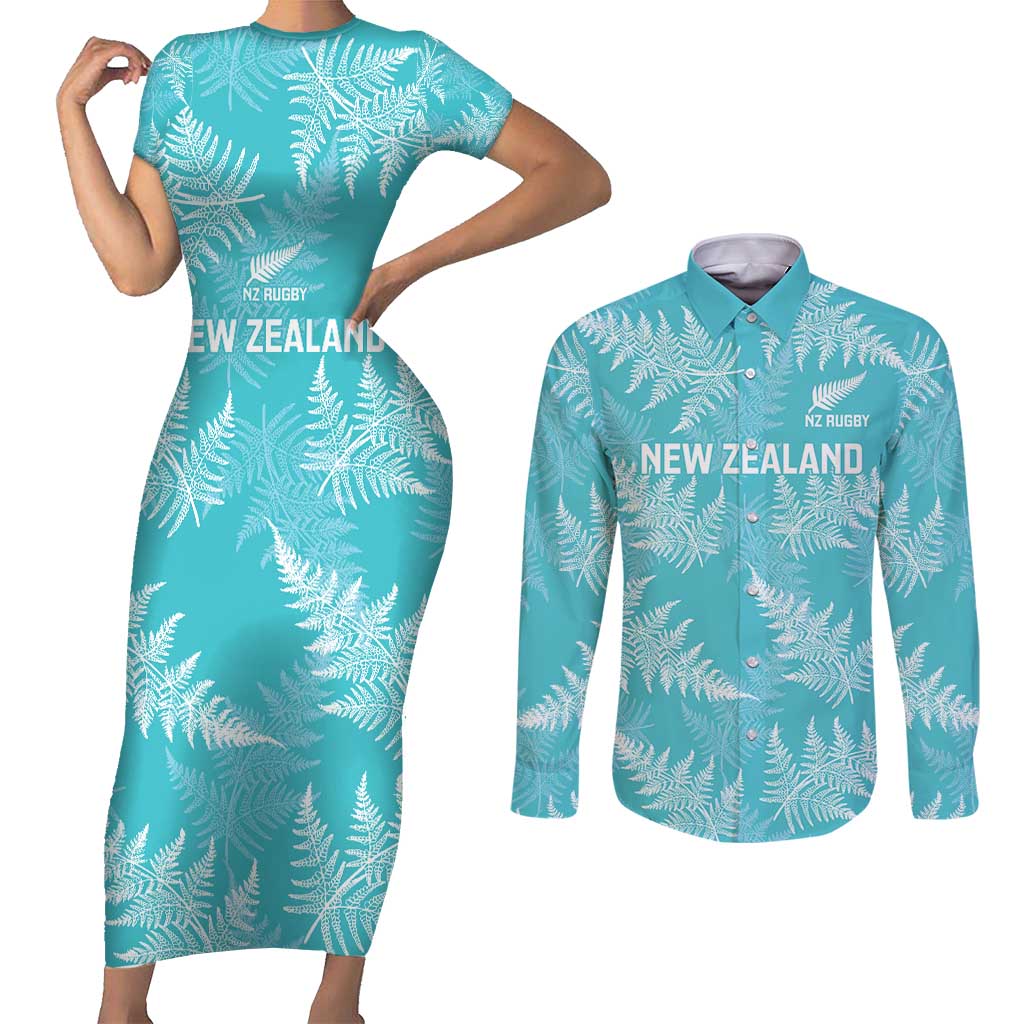 New Zealand Silver Fern Rugby Custom Couples Matching Short Sleeve Bodycon Dress and Long Sleeve Button Shirt Go Aotearoa Champions Turquoise Version - Polynesian Pride