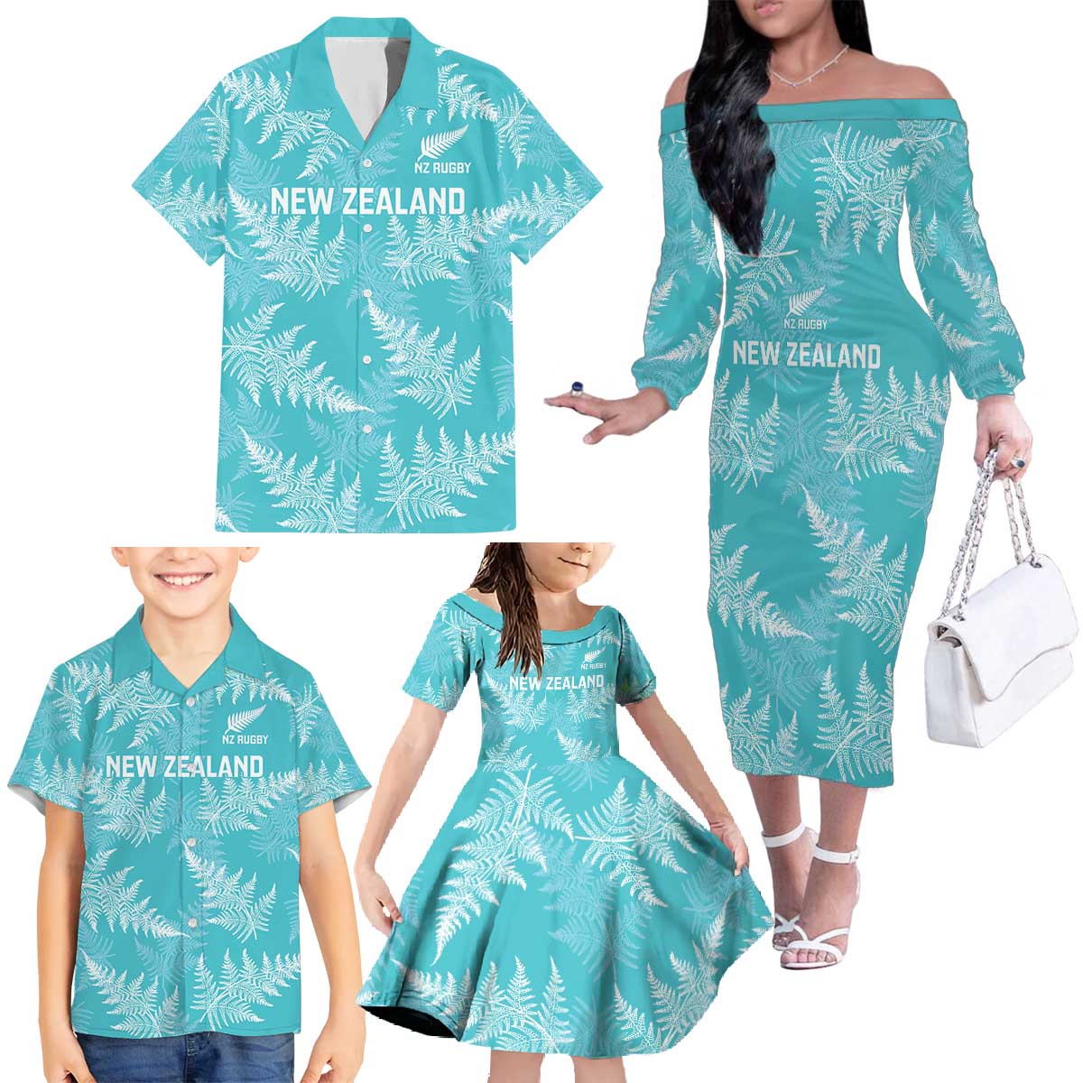 New Zealand Silver Fern Rugby Custom Family Matching Off The Shoulder Long Sleeve Dress and Hawaiian Shirt Go Aotearoa Champions Turquoise Version - Polynesian Pride