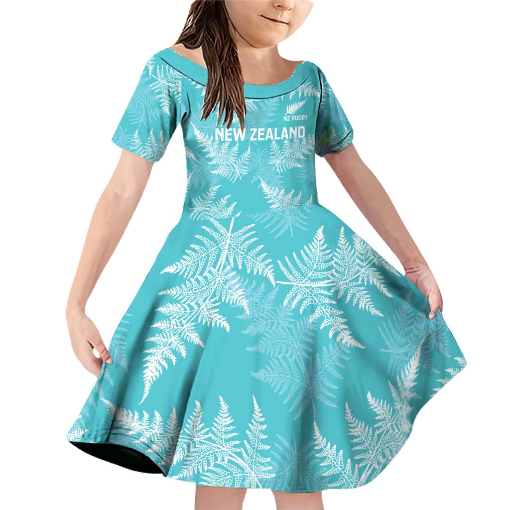 New Zealand Silver Fern Rugby Custom Family Matching Off Shoulder Short Dress and Hawaiian Shirt Go Aotearoa Champions Turquoise Version - Polynesian Pride