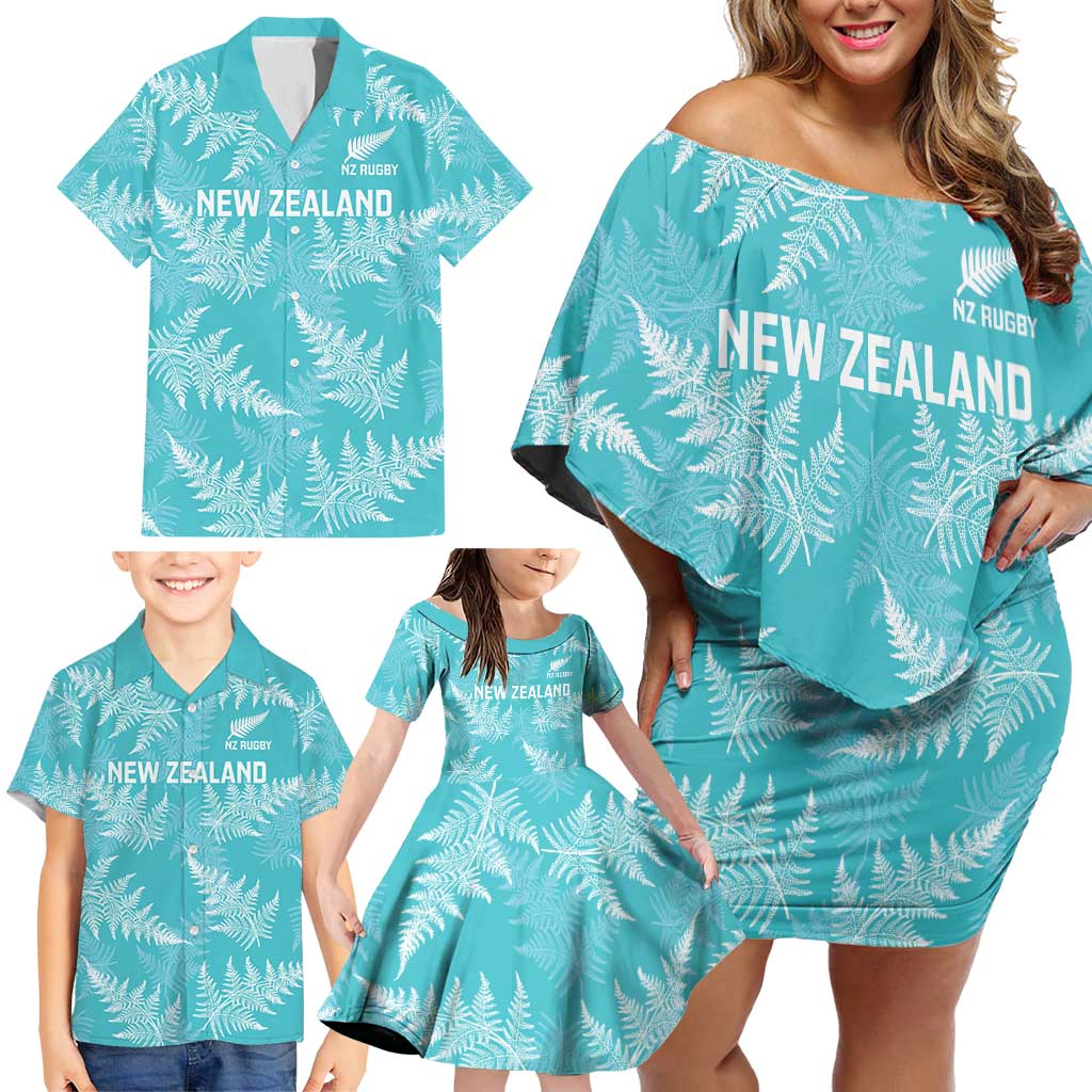 New Zealand Silver Fern Rugby Custom Family Matching Off Shoulder Short Dress and Hawaiian Shirt Go Aotearoa Champions Turquoise Version - Polynesian Pride