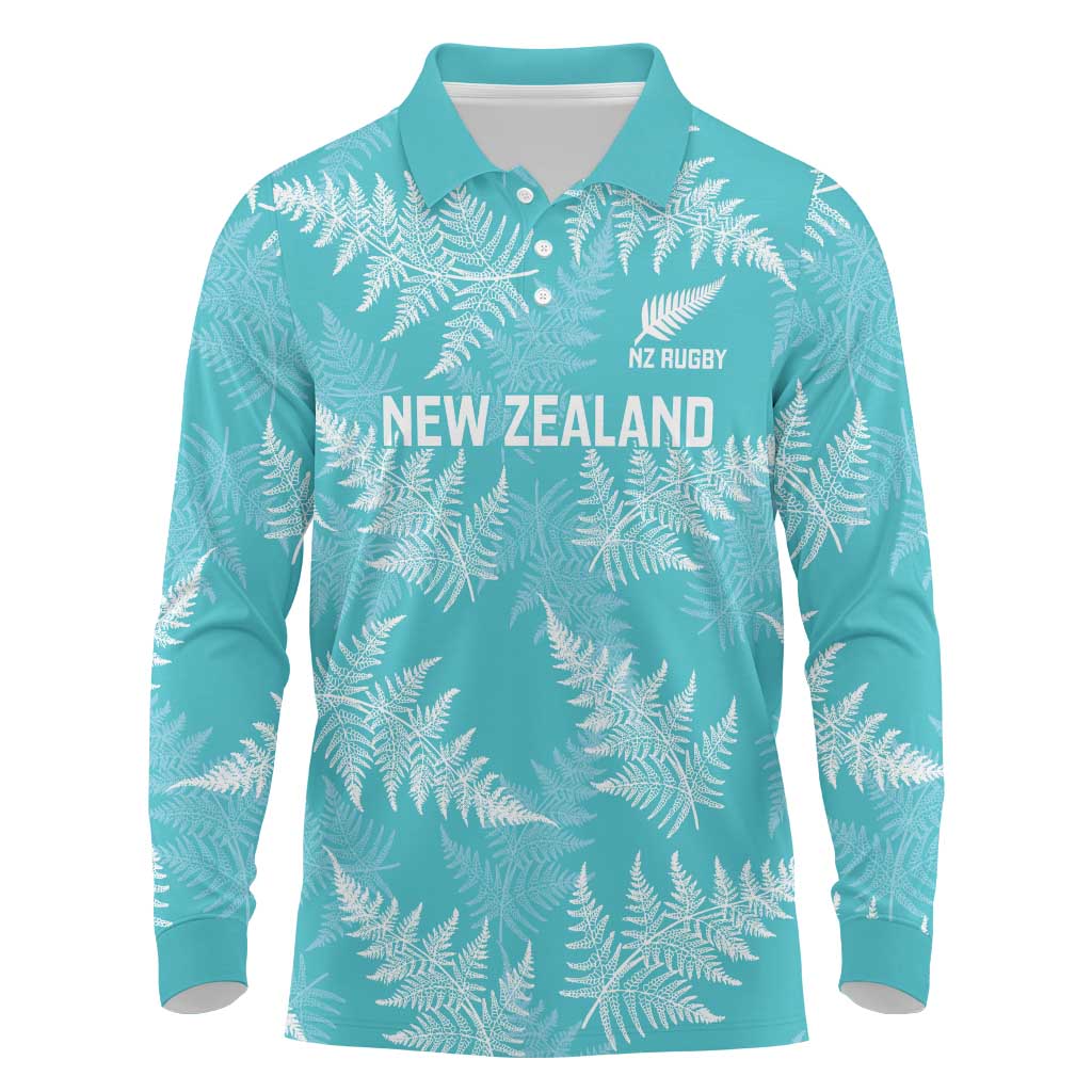 New Zealand Silver Fern Rugby Custom Long Sleeve Polo Shirt Go Aotearoa Champions Turquoise Version - Polynesian Pride