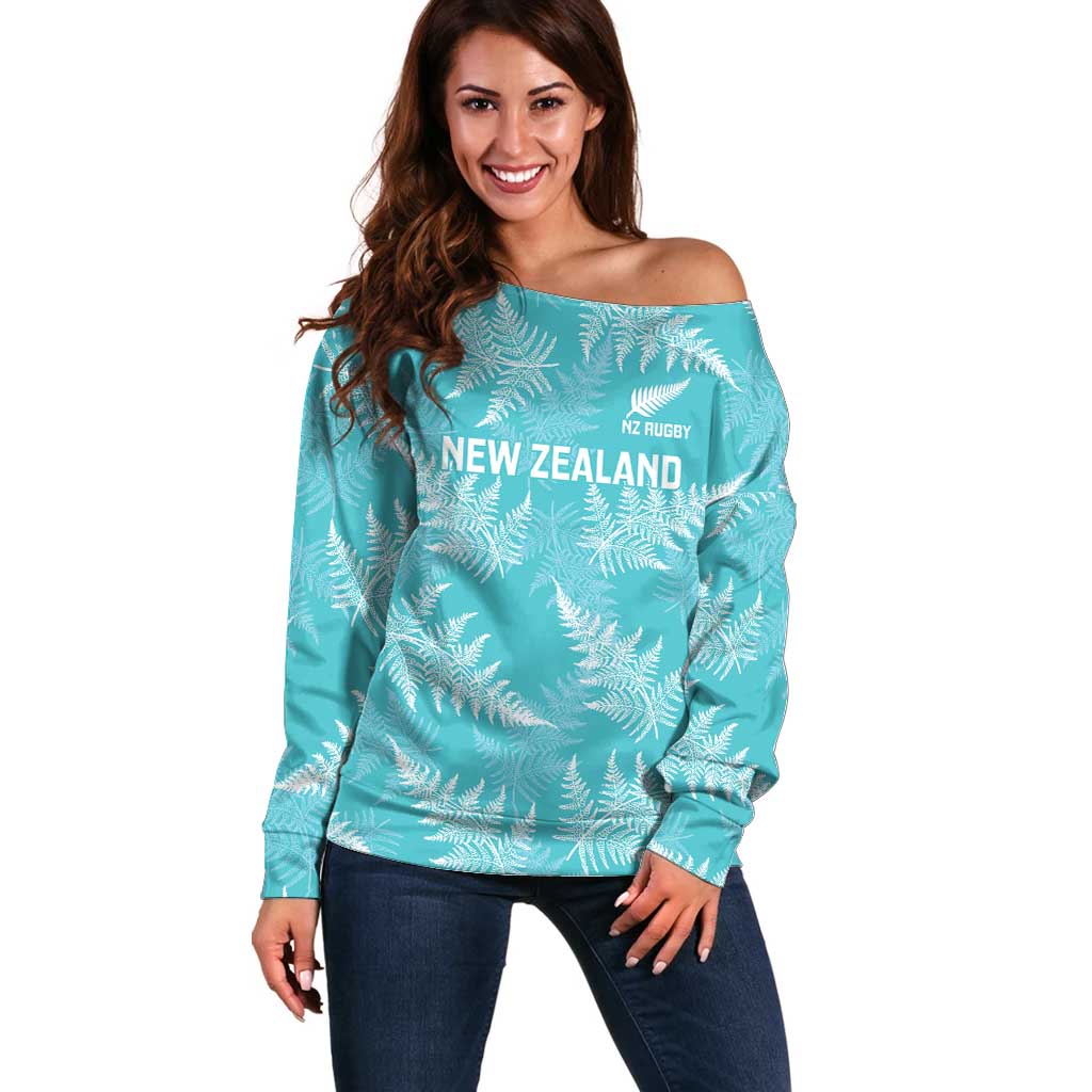 New Zealand Silver Fern Rugby Custom Off Shoulder Sweater Go Aotearoa Champions Turquoise Version - Polynesian Pride