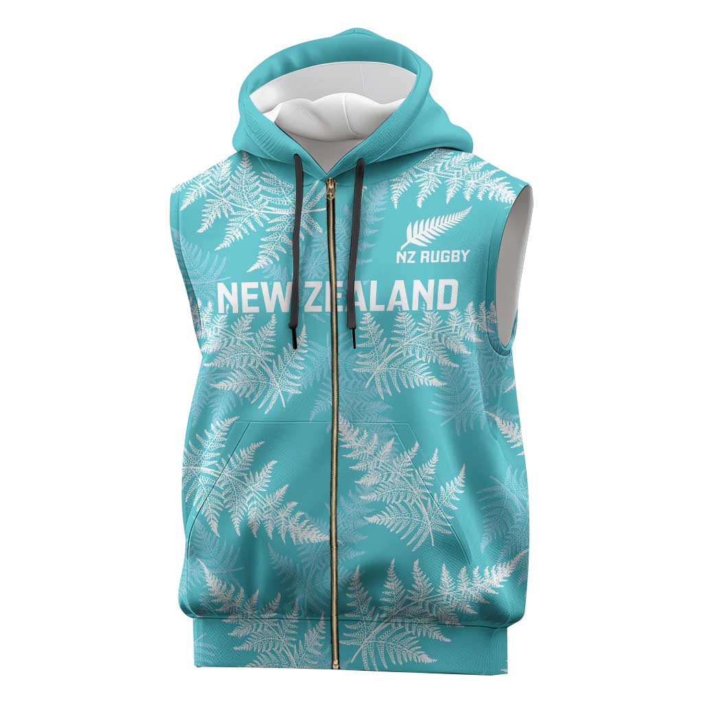 New Zealand Silver Fern Rugby Custom Sleeveless Zip Hoodie Go Aotearoa Champions Turquoise Version - Polynesian Pride