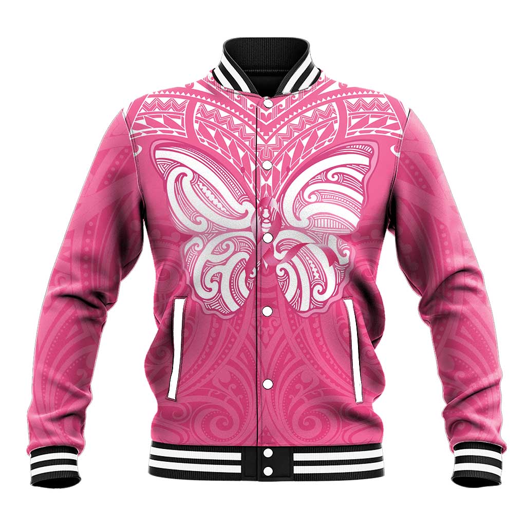 New Zealand Breast Cancer Awareness Baseball Jacket Maori Butterfly Pink Ribbon - Polynesian Pride