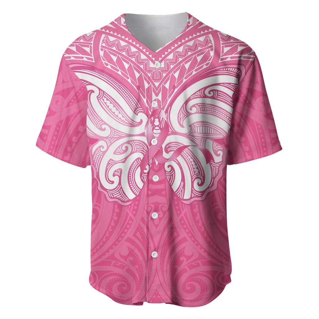New Zealand Breast Cancer Awareness Baseball Jersey Maori Butterfly Pink Ribbon - Polynesian Pride