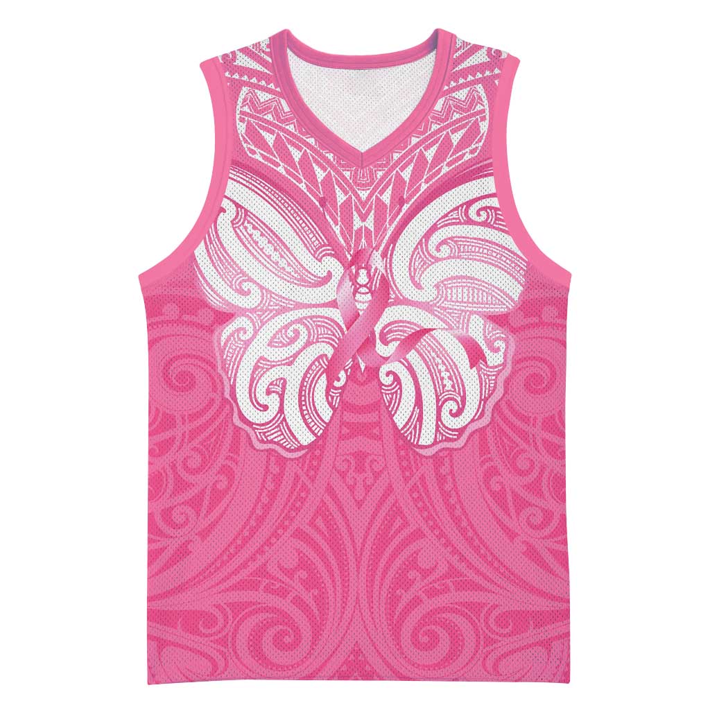 New Zealand Breast Cancer Awareness Basketball Jersey Maori Butterfly Pink Ribbon - Polynesian Pride