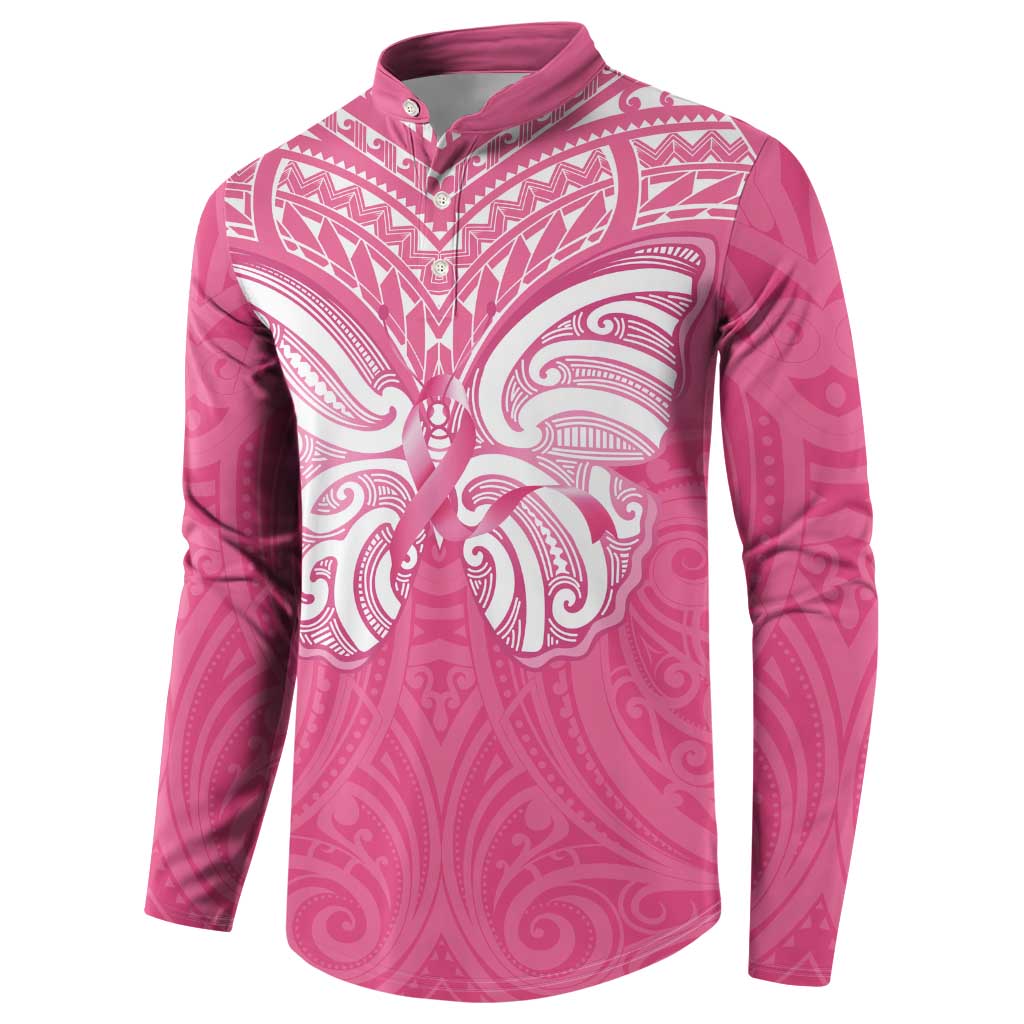 New Zealand Breast Cancer Awareness Button Sweatshirt Maori Butterfly Pink Ribbon - Polynesian Pride