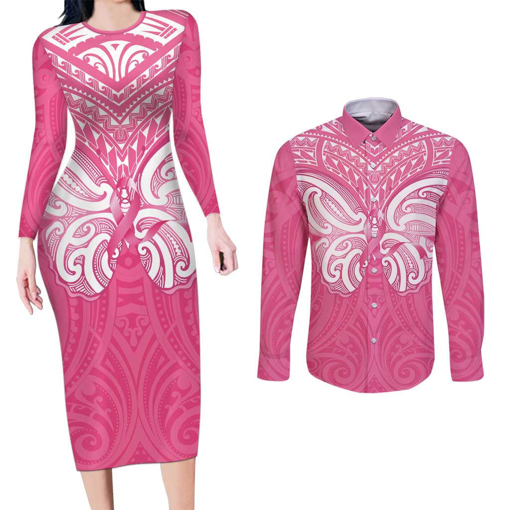 New Zealand Breast Cancer Awareness Couples Matching Long Sleeve Bodycon Dress and Long Sleeve Button Shirt Maori Butterfly Pink Ribbon - Polynesian Pride