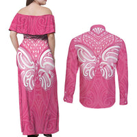 New Zealand Breast Cancer Awareness Couples Matching Off Shoulder Maxi Dress and Long Sleeve Button Shirt Maori Butterfly Pink Ribbon - Polynesian Pride