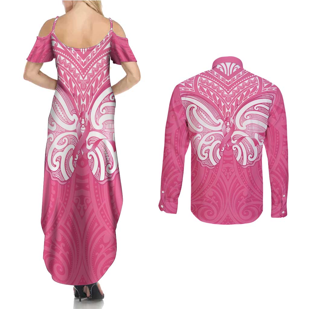 New Zealand Breast Cancer Awareness Couples Matching Summer Maxi Dress and Long Sleeve Button Shirt Maori Butterfly Pink Ribbon - Polynesian Pride