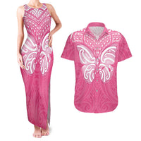 New Zealand Breast Cancer Awareness Couples Matching Tank Maxi Dress and Hawaiian Shirt Maori Butterfly Pink Ribbon - Polynesian Pride