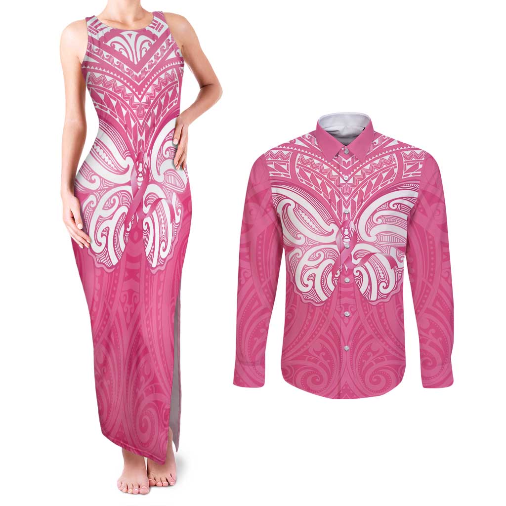 New Zealand Breast Cancer Awareness Couples Matching Tank Maxi Dress and Long Sleeve Button Shirt Maori Butterfly Pink Ribbon - Polynesian Pride
