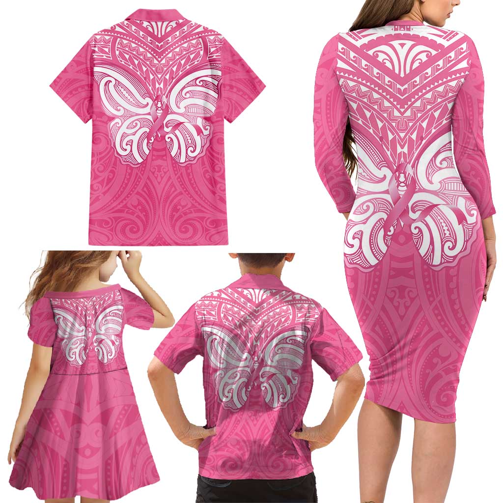New Zealand Breast Cancer Awareness Family Matching Long Sleeve Bodycon Dress and Hawaiian Shirt Maori Butterfly Pink Ribbon - Polynesian Pride