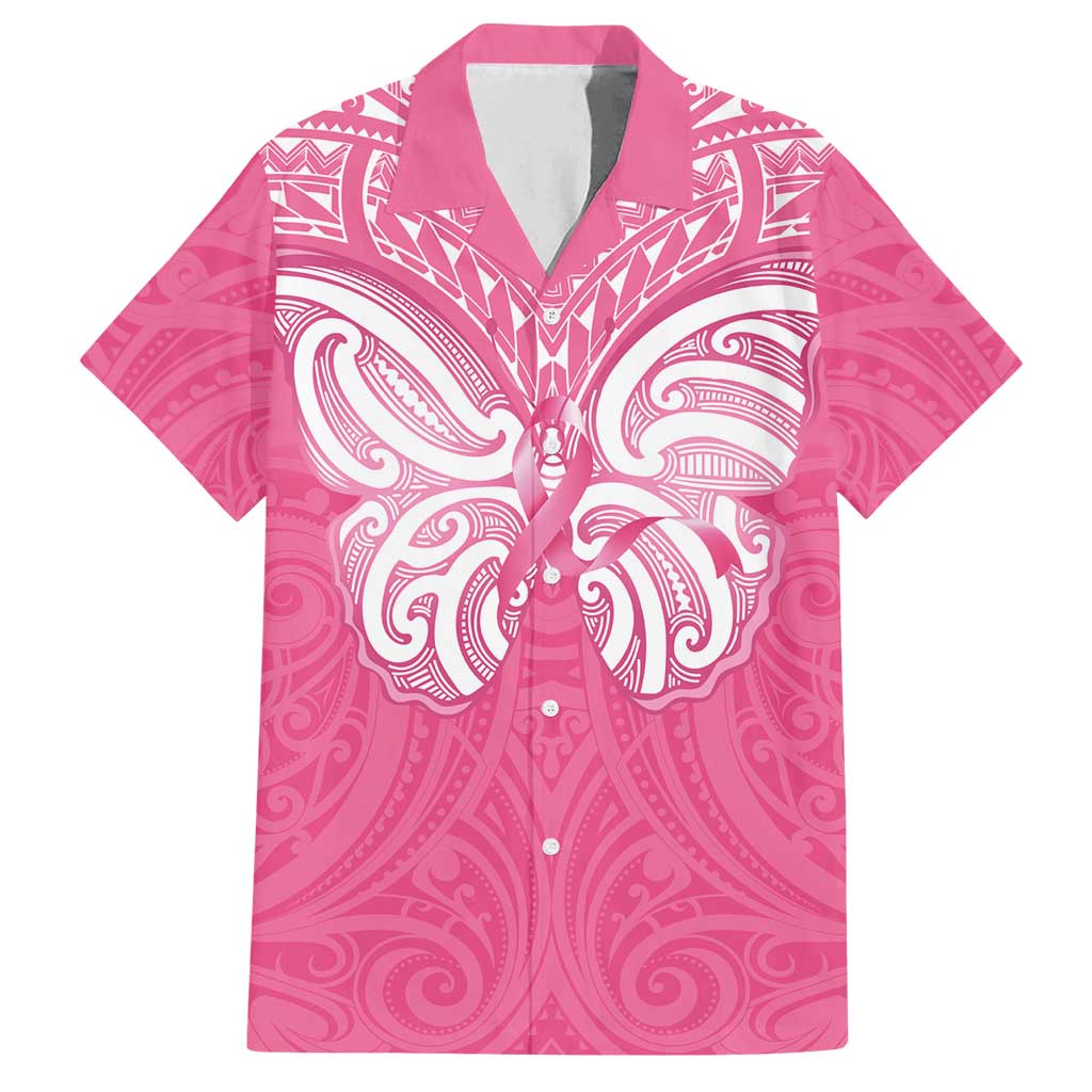 New Zealand Breast Cancer Awareness Family Matching Long Sleeve Bodycon Dress and Hawaiian Shirt Maori Butterfly Pink Ribbon - Polynesian Pride