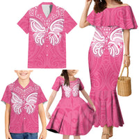 New Zealand Breast Cancer Awareness Family Matching Mermaid Dress and Hawaiian Shirt Maori Butterfly Pink Ribbon - Polynesian Pride