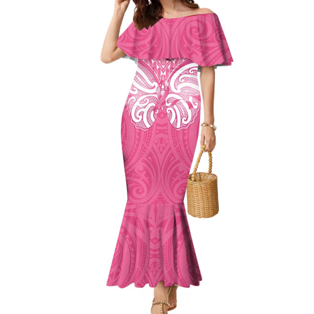 New Zealand Breast Cancer Awareness Family Matching Mermaid Dress and Hawaiian Shirt Maori Butterfly Pink Ribbon - Polynesian Pride