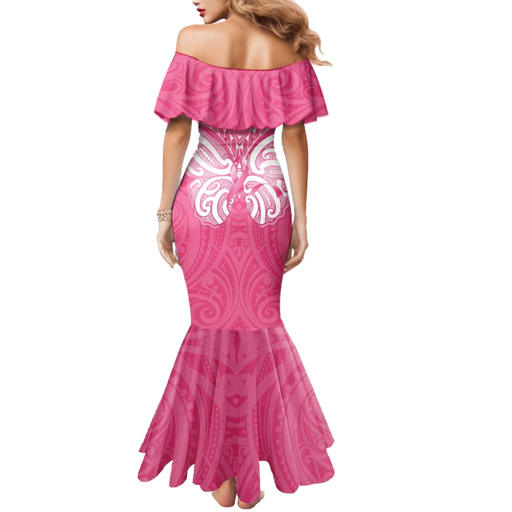 New Zealand Breast Cancer Awareness Family Matching Mermaid Dress and Hawaiian Shirt Maori Butterfly Pink Ribbon - Polynesian Pride