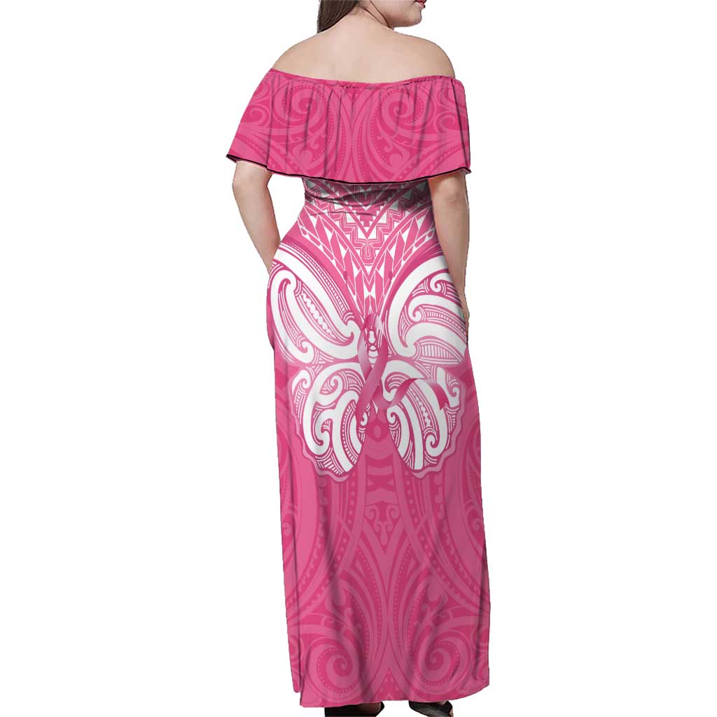 New Zealand Breast Cancer Awareness Family Matching Off Shoulder Maxi Dress and Hawaiian Shirt Maori Butterfly Pink Ribbon - Polynesian Pride