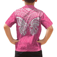 New Zealand Breast Cancer Awareness Family Matching Off Shoulder Short Dress and Hawaiian Shirt Maori Butterfly Pink Ribbon - Polynesian Pride
