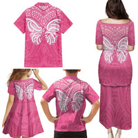 New Zealand Breast Cancer Awareness Family Matching Puletasi and Hawaiian Shirt Maori Butterfly Pink Ribbon - Polynesian Pride