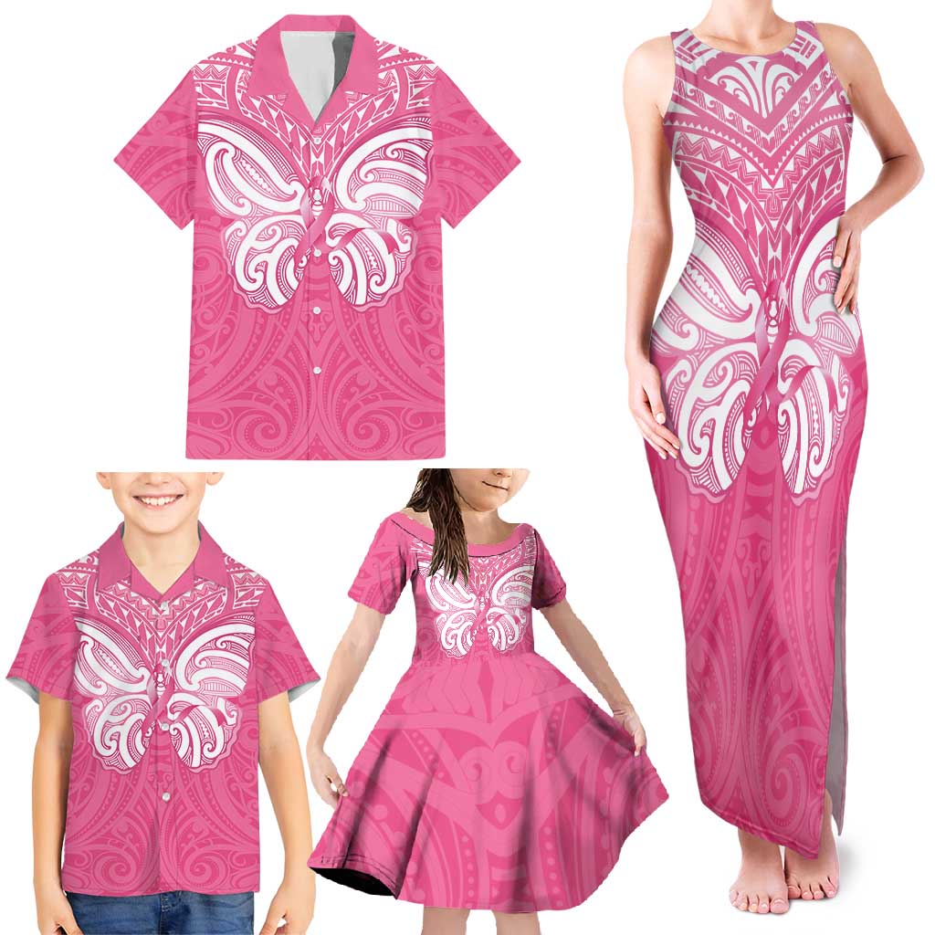 New Zealand Breast Cancer Awareness Family Matching Tank Maxi Dress and Hawaiian Shirt Maori Butterfly Pink Ribbon - Polynesian Pride