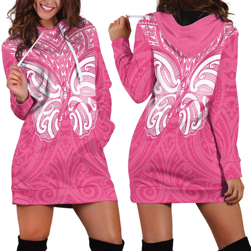 New Zealand Breast Cancer Awareness Hoodie Dress Maori Butterfly Pink Ribbon - Polynesian Pride