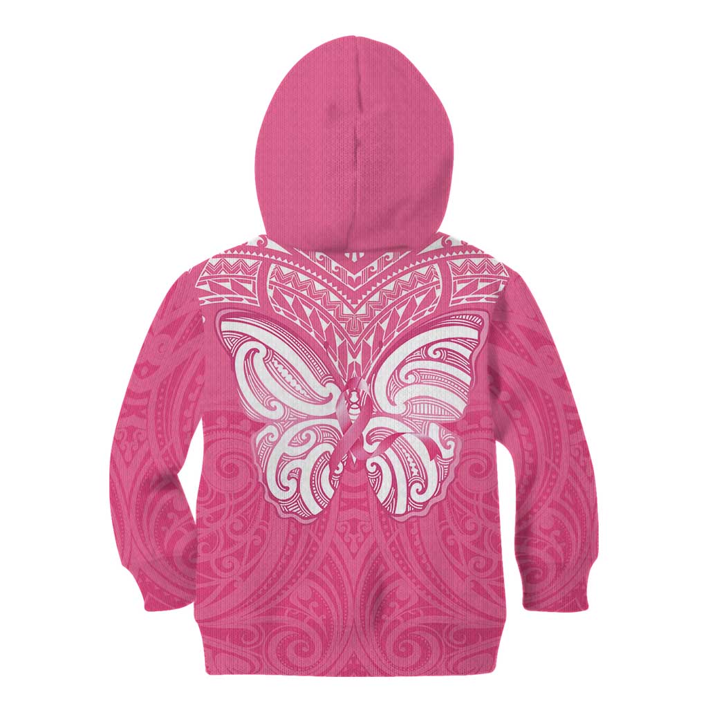 New Zealand Breast Cancer Awareness Kid Hoodie Maori Butterfly Pink Ribbon - Polynesian Pride