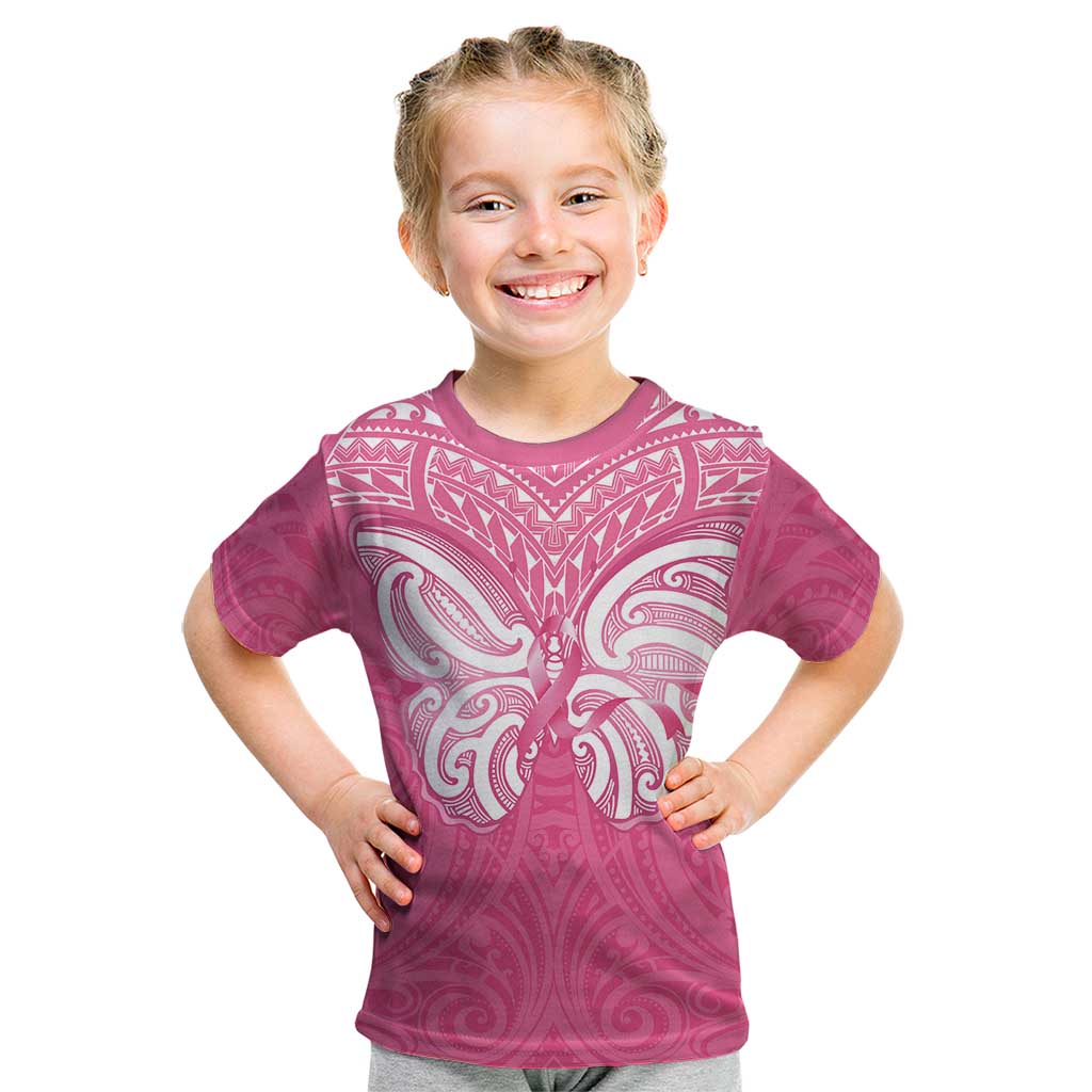 New Zealand Breast Cancer Awareness Kid T Shirt Maori Butterfly Pink Ribbon - Polynesian Pride