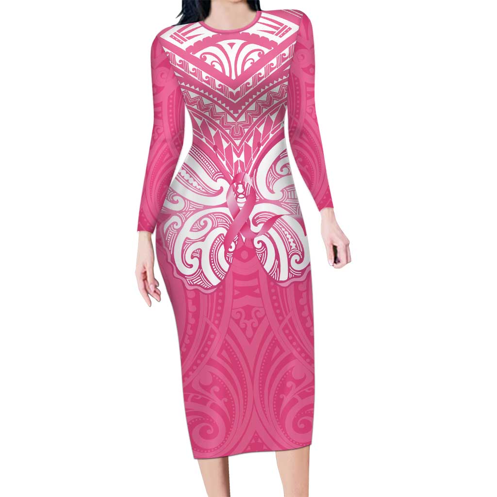 New Zealand Breast Cancer Awareness Long Sleeve Bodycon Dress Maori Butterfly Pink Ribbon - Polynesian Pride