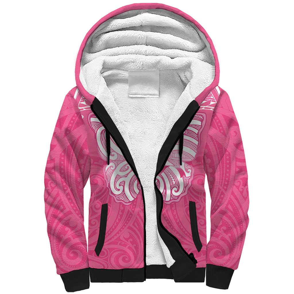 New Zealand Breast Cancer Awareness Sherpa Hoodie Maori Butterfly Pink Ribbon - Polynesian Pride