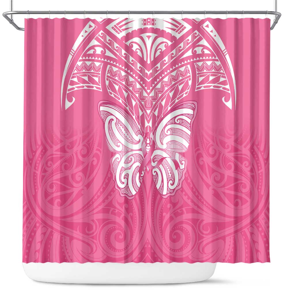 New Zealand Breast Cancer Awareness Shower Curtain Maori Butterfly Pink Ribbon - Polynesian Pride