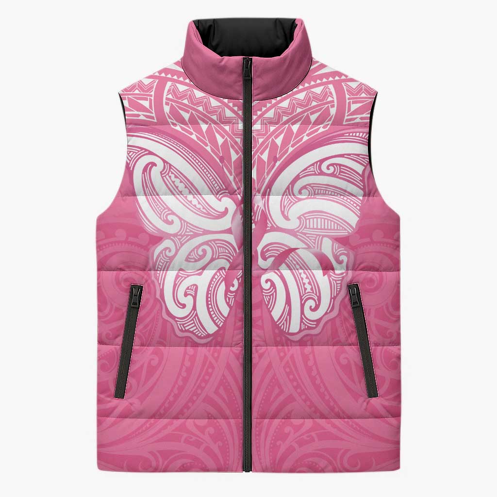 New Zealand Breast Cancer Awareness Sleeveless Puffer Jacket Maori Butterfly Pink Ribbon - Polynesian Pride