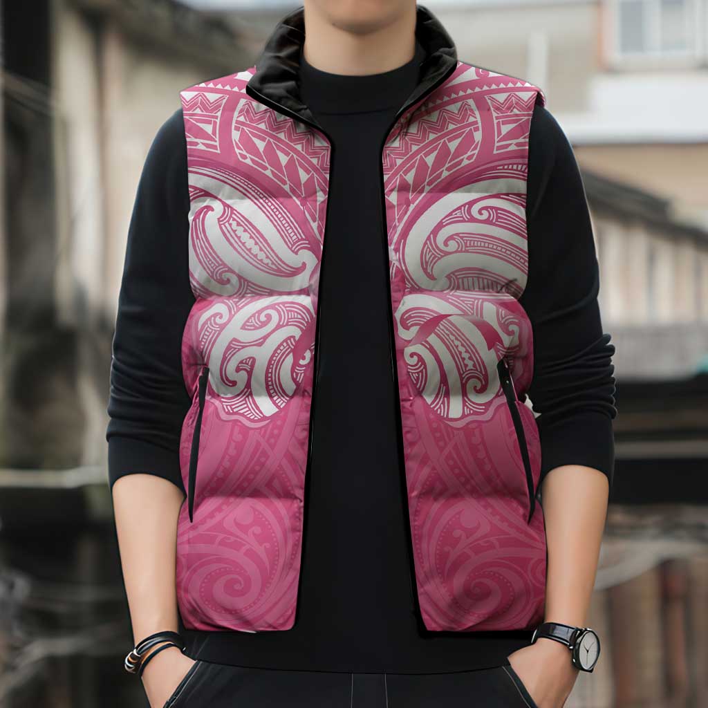New Zealand Breast Cancer Awareness Sleeveless Puffer Jacket Maori Butterfly Pink Ribbon - Polynesian Pride