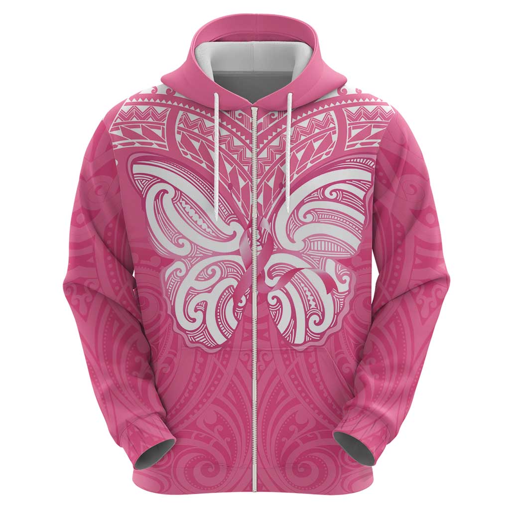 New Zealand Breast Cancer Awareness Zip Hoodie Maori Butterfly Pink Ribbon - Polynesian Pride