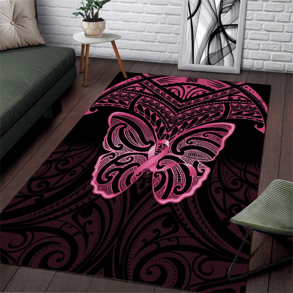 New Zealand Breast Cancer Awareness Area Rug Maori Butterfly Pink Ribbon Black Version - Polynesian Pride