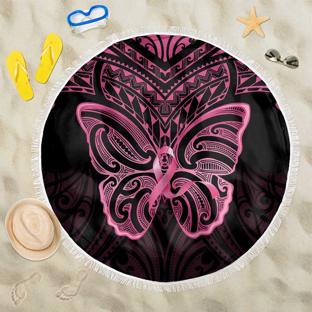 New Zealand Breast Cancer Awareness Beach Blanket Maori Butterfly Pink Ribbon Black Version - Polynesian Pride