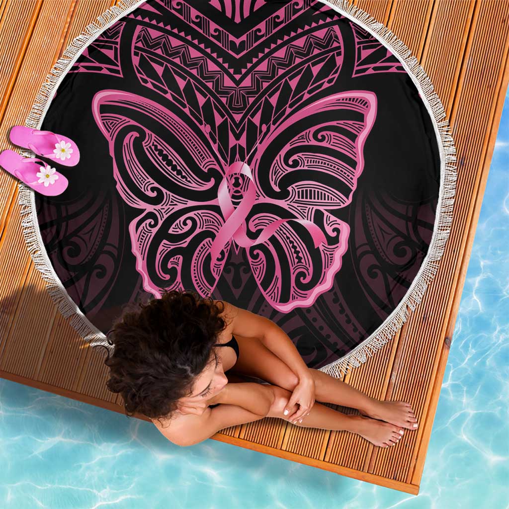 New Zealand Breast Cancer Awareness Beach Blanket Maori Butterfly Pink Ribbon Black Version - Polynesian Pride