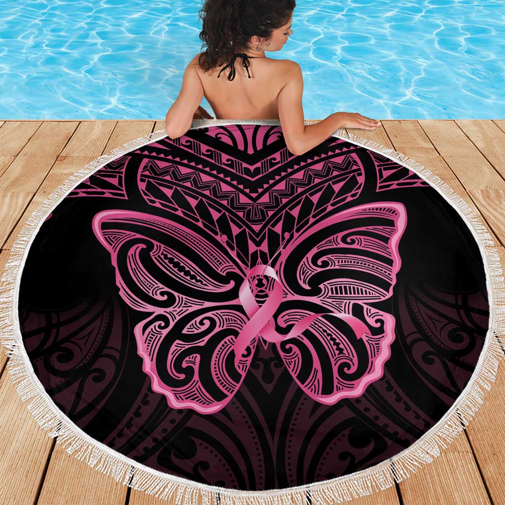 New Zealand Breast Cancer Awareness Beach Blanket Maori Butterfly Pink Ribbon Black Version - Polynesian Pride