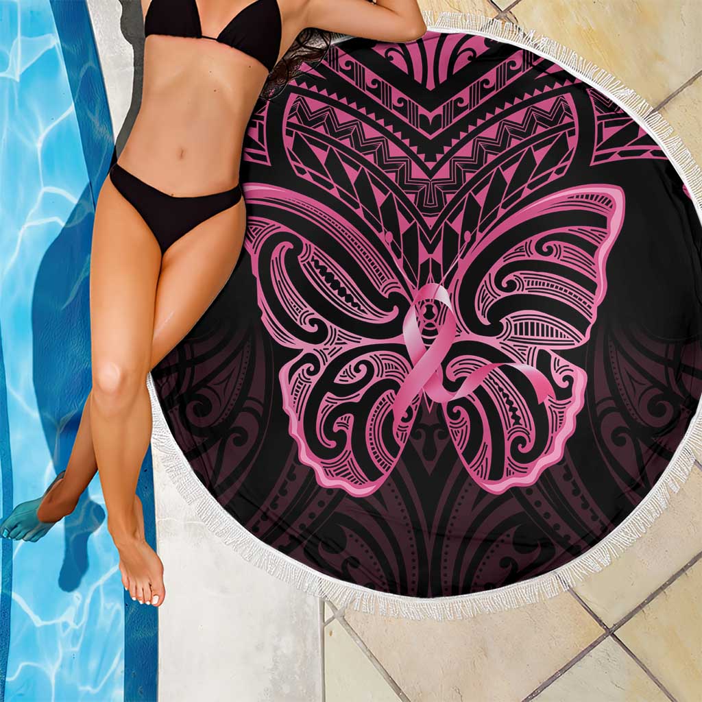 New Zealand Breast Cancer Awareness Beach Blanket Maori Butterfly Pink Ribbon Black Version - Polynesian Pride