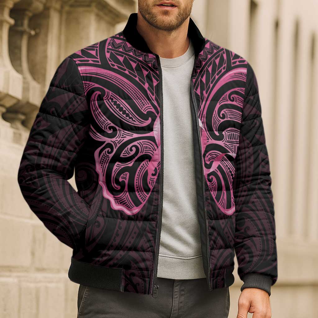 New Zealand Breast Cancer Awareness Bomber Puffer Jacket Maori Butterfly Pink Ribbon Black Version - Polynesian Pride