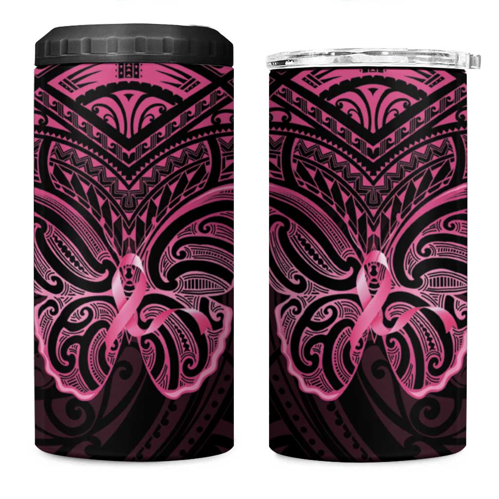 New Zealand Breast Cancer Awareness 4 in 1 Can Cooler Tumbler Maori Butterfly Pink Ribbon Black Version - Polynesian Pride