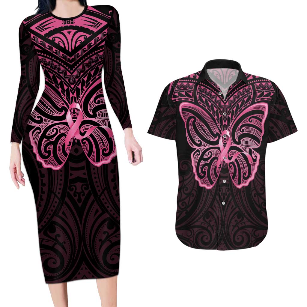 New Zealand Breast Cancer Awareness Couples Matching Long Sleeve Bodycon Dress and Hawaiian Shirt Maori Butterfly Pink Ribbon Black Version - Polynesian Pride